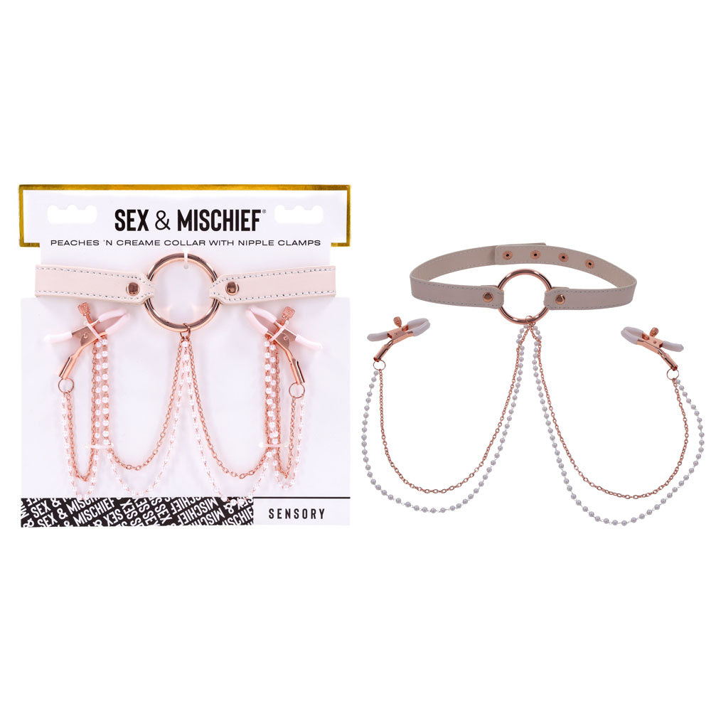 Sex & Mischief Peaches n CreaMe Collar with Nipple Clamps - Peach Nipple Restraints PeachPuff - Club X