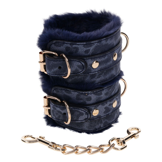 Sex & Mischief Cougar Fur Handcuffs - Navy Blue/Gold Furry Restraints Blue - Club X