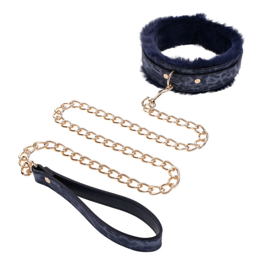Sex & Mischief Cougar Fur Collar & Leash - Navy Blue/Gold Furry Restraint Blue - Club X