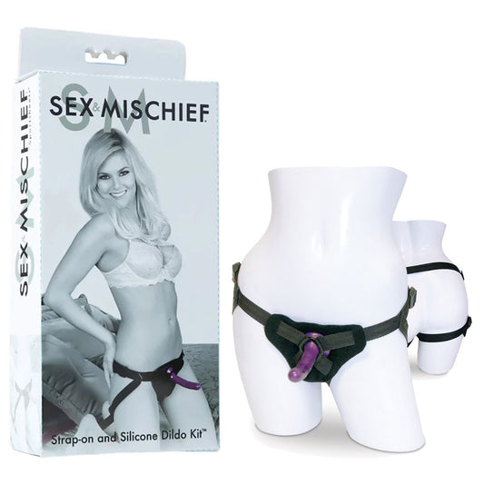 Sex & Mischief Strap-On & Silicone Dildo Kit - Black/Purple Adjustable Strap-On Black - Club X