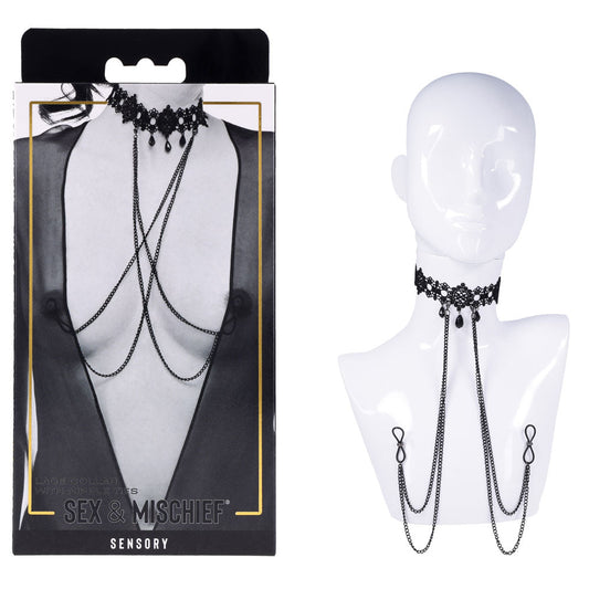 Sex & Mischief Lace Collar with Nipple Ties - Black Neck and Nipple Restraints Sportsheets