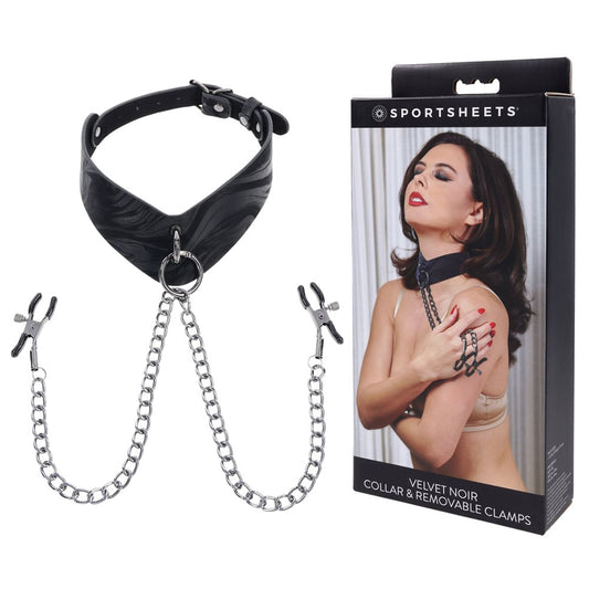 SPORTSHEETS Velvet Noir Collar & Removable Clamps - Black Neck & Nipple Restraints Black - Club X