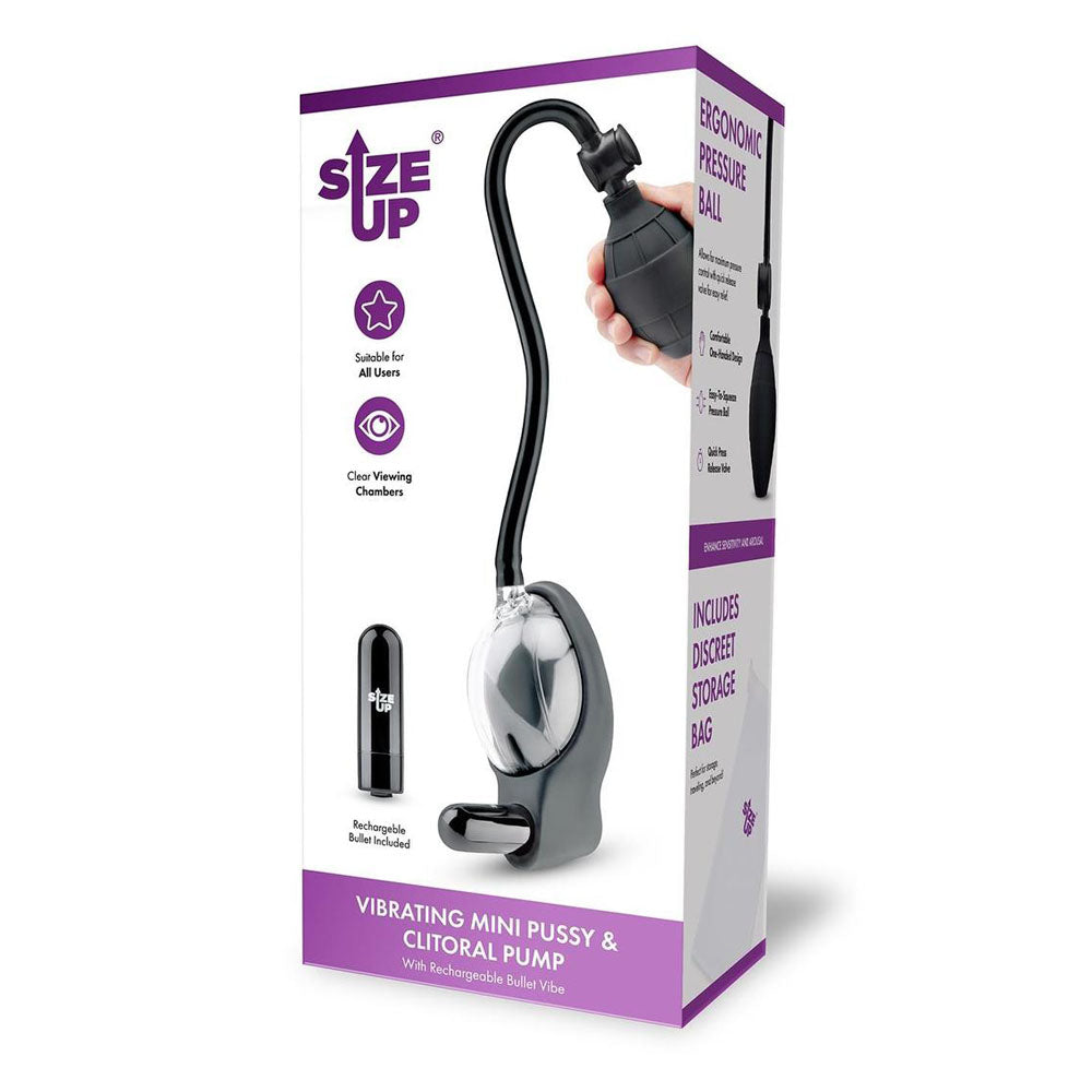 Size Up Vibrating Mini Pussy & Clitoral Pump - Clear USB Rechargeable Vibrating Vaginal and Clitoral Pump XGEN Products