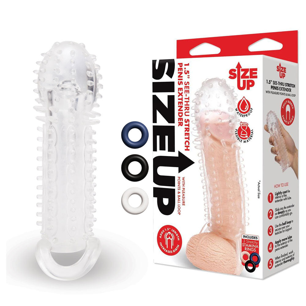 Size Up 1.5 Inch See-Thru Stretch Penis Extender - Clear 3.8 cm (1.5'') Penis Extension Sleeve Clear - Club X