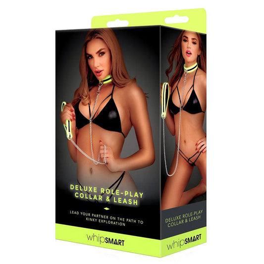 WhipSmart Glow Deluxe Role-Play Collar and Leash - Glow in the Dark Restraints Green - ClubX