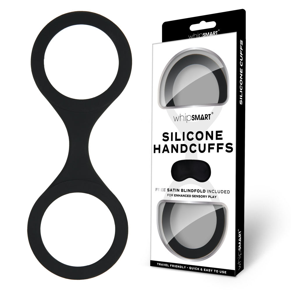 WhipSmart Silicone Handcuffs - Black - Black Restraint with Bonus Blindfold Black - Club X