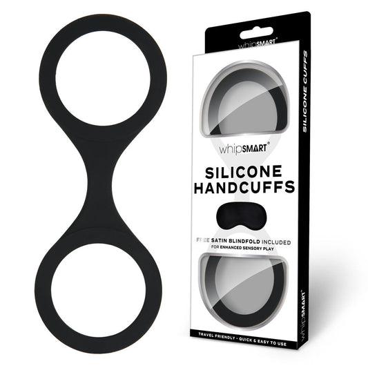 WhipSmart Silicone Handcuffs - Black - Black Restraint with Bonus Blindfold WhipSmart