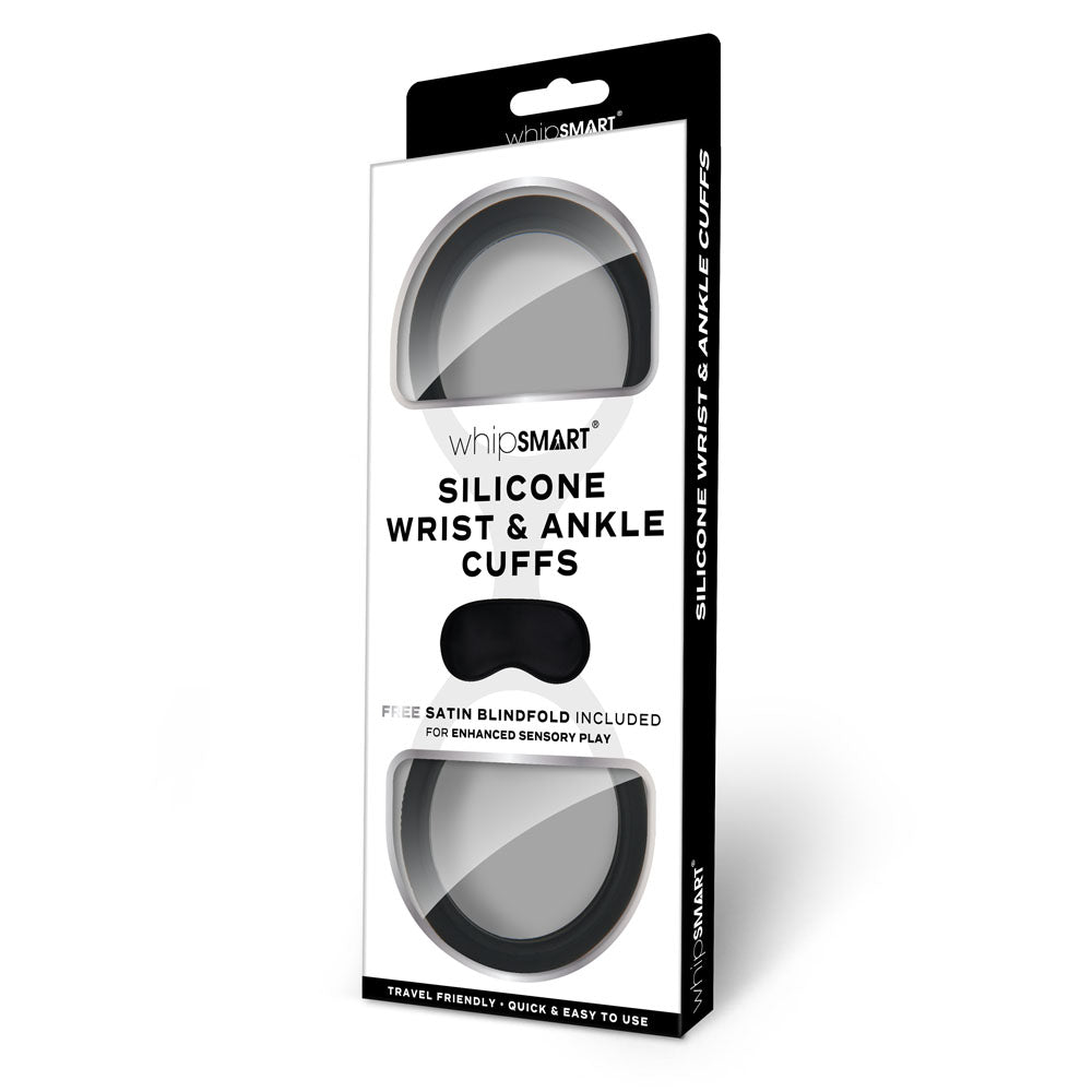 WhipSmart Silicone Wrist & Ankle Cuffs - Black - Black Restraints with Bonus Eye Mask WhipSmart