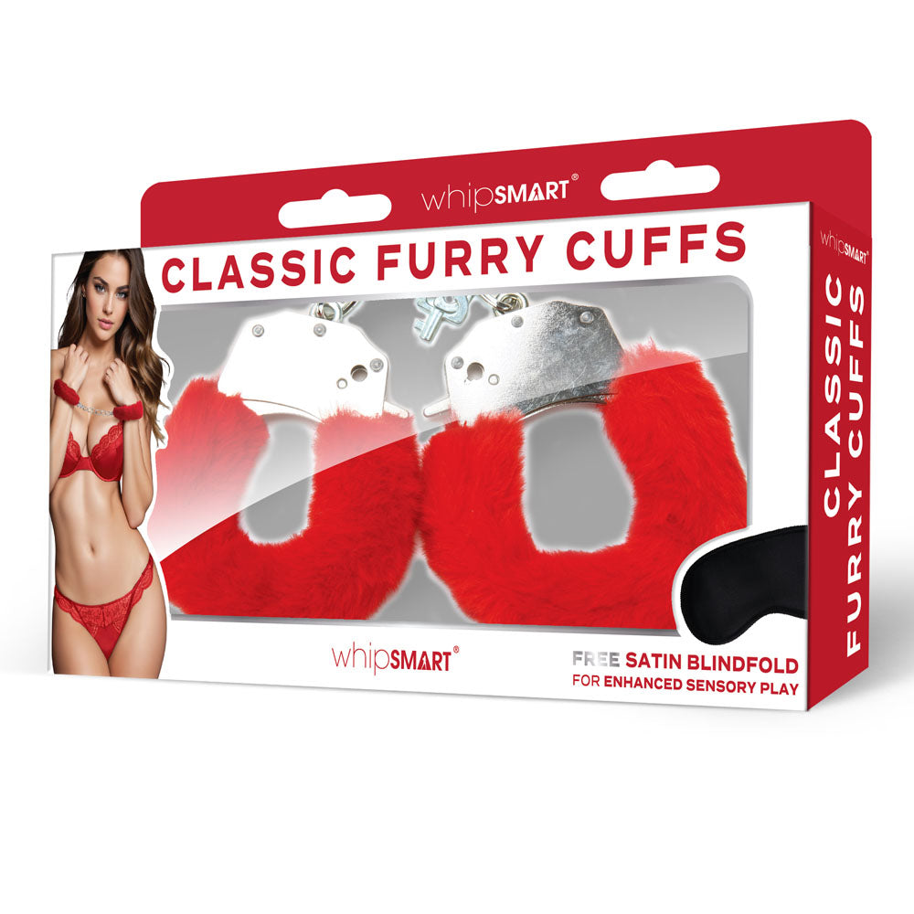 WhipSmart Classic Furry Cuffs - Red - Red Furry Restraints with Bonus Eye Mask WhipSmart