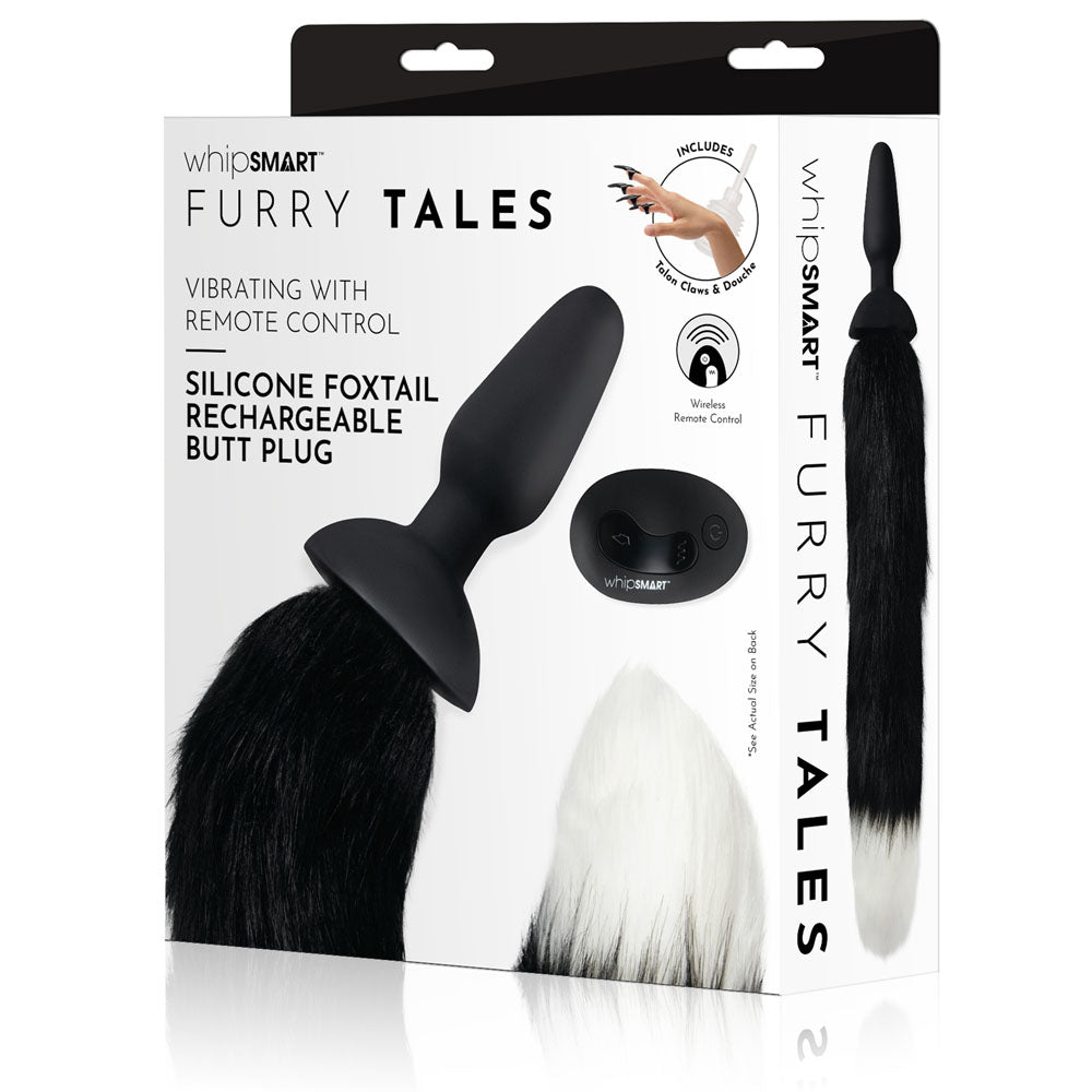 WhipSmart Furry Tales Silicone Foxtail Rechargeable Butt Plug - Black 9.5 cm Vibrating Butt Plug with Black Fox Tail & Remote Control Black - Club X