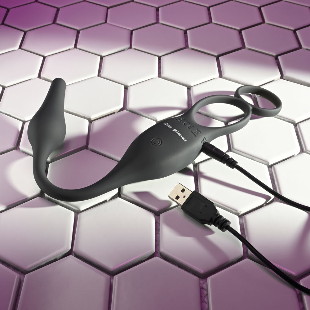Zero Tolerance PLUG & TUG - Black USB Rechargeable Vibrating Cock Ring with Anal Plug Zero Tolerance