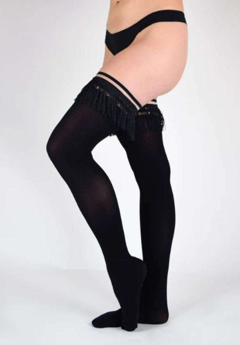Kixies KEILA Fringe Sheer Thigh Highs - Black - Size B Kixies