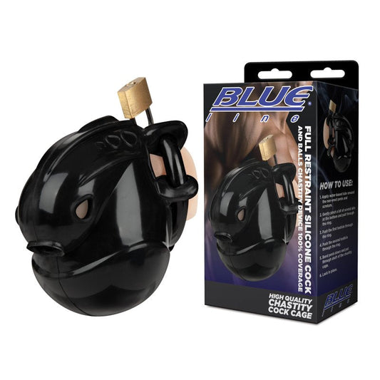 Blue Line Full Restraint Silicone Cock And Balls Chastity Device 100% Coverage Cock Ring (BLM5025-BLK) Electric Eel, Inc