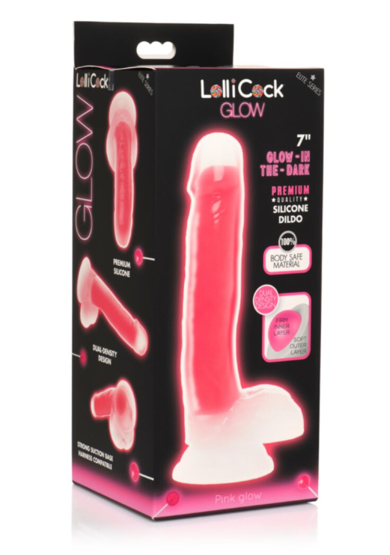 Curve Toys Lollicock 7 inch glow in the dark silicone dildo with balls pink - ClubX Australia