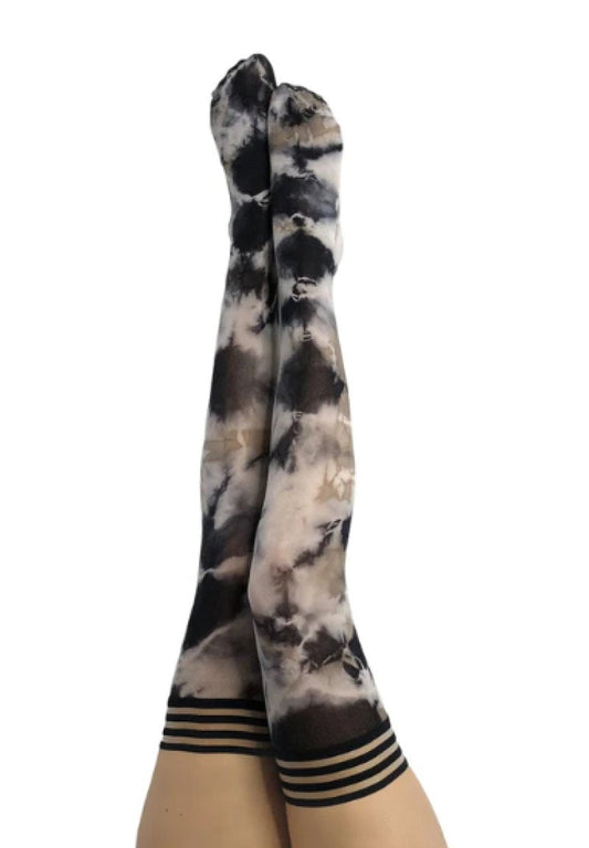 Kixies Mackenzie Black and White Tie-Dye Thigh-High Stockings Size B - ClubX Australia