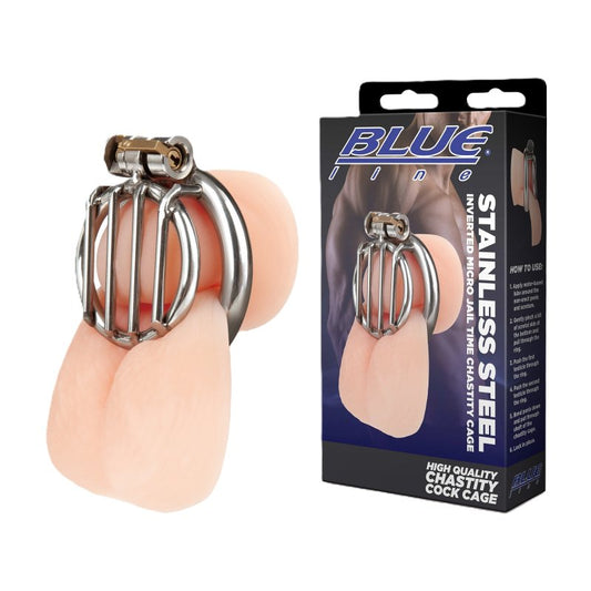 Blue Line Stainless Steel Inverted Micro Jail Time Chastity Cage Cock Ring Electric Eel, Inc