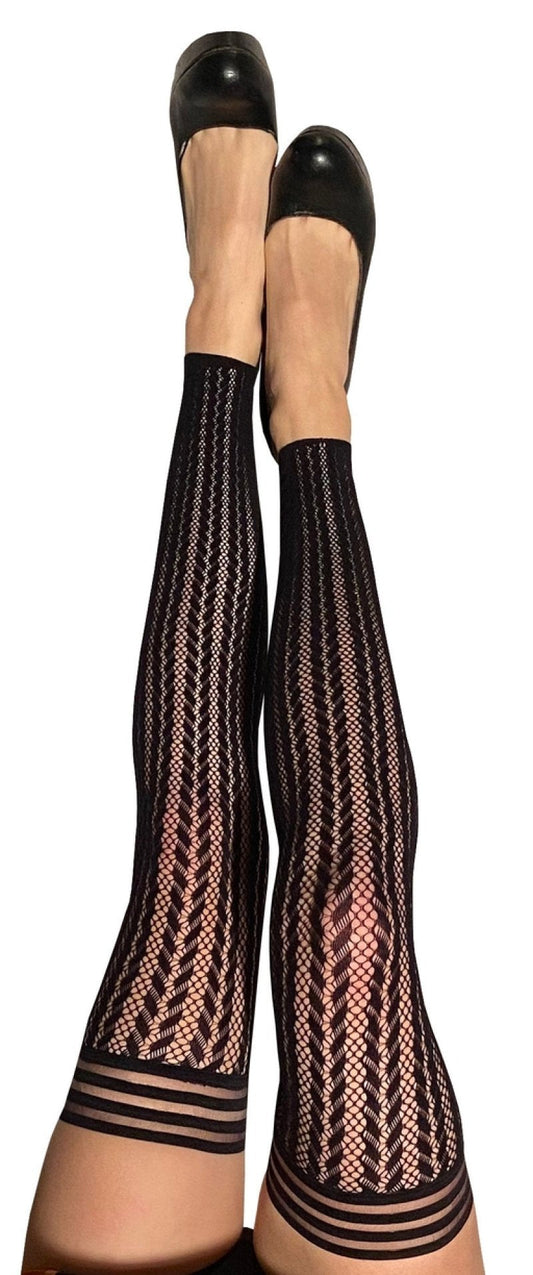 Kixies Lindsay Footless Black Stripe Fishnet Thigh-High Size C - ClubX Australia