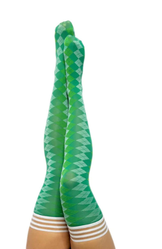 Kixies Par 4 Green Argyle Thigh-High Stockings Size D - ClubX Australia