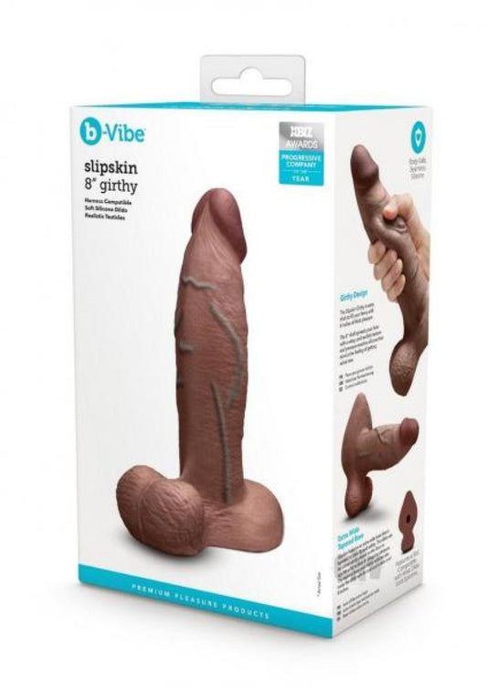 b-Vibe Slipskin Realistic Silicone Dildo - 8" Girthy Brown COTR