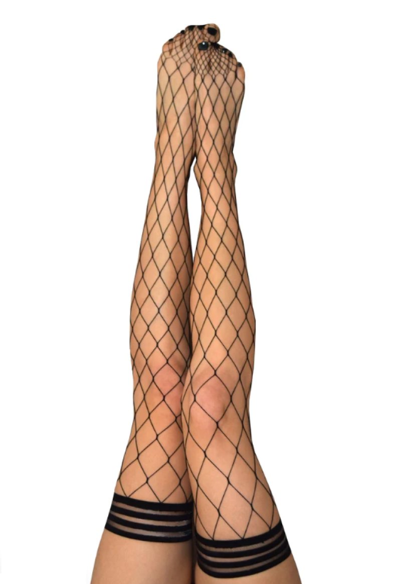 Kixies MICHELLE Large Diamond Black Fishnet Thigh Highs - Black - Size A Kixies