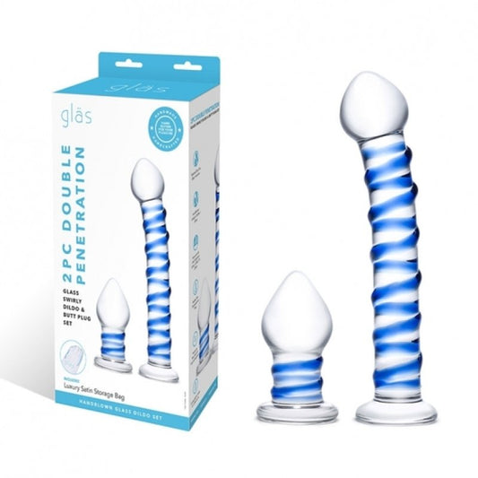 Glas 7.5" & 3" 2Pc Double Penetration Swirly Dildo & Buttplug Set Electric Eel, Inc