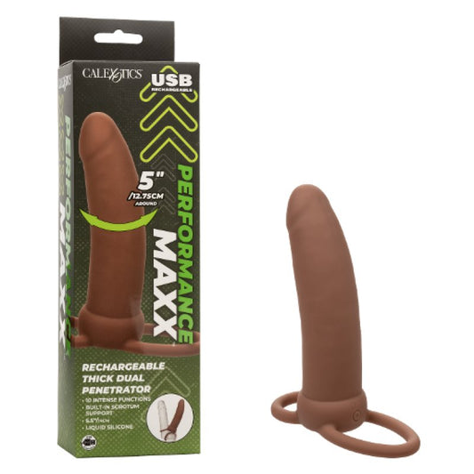 Performance Maxx Rechargeable Thick Dual Penetrator 5" - Brown Cock Ring Calexotics