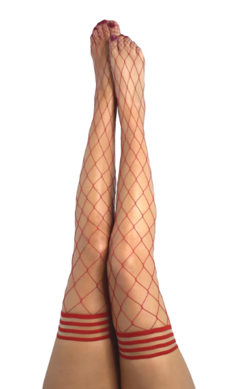 Kixies CLAUDIA Large Diamond Red Fishnet Thigh Highs - Red - Size A Kixies