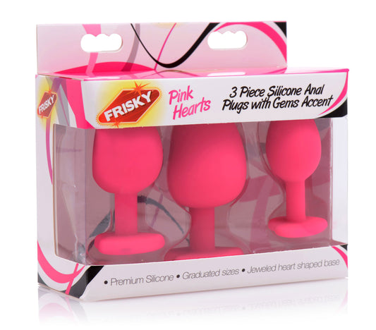 Pink Hearts 3 Piece Silicone Anal Plugs With Gem Accents Default Title - Club X