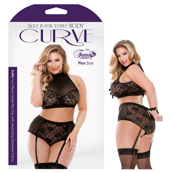 Curve Katia Two Piece Halter Bra Top with Matching Gartered Panty - Club X