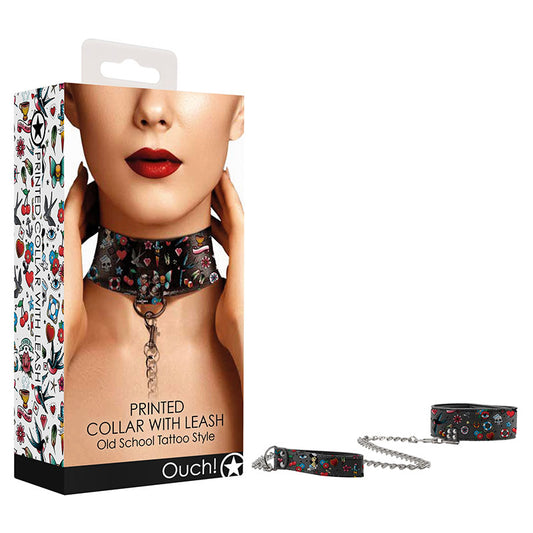 Ouch! Printed Collar With Leash - Old Sc  - Club X