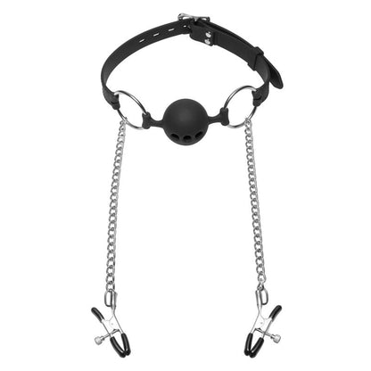 Hinder Breathable Silicone Ball Gag With Nipple Clamps Master Series