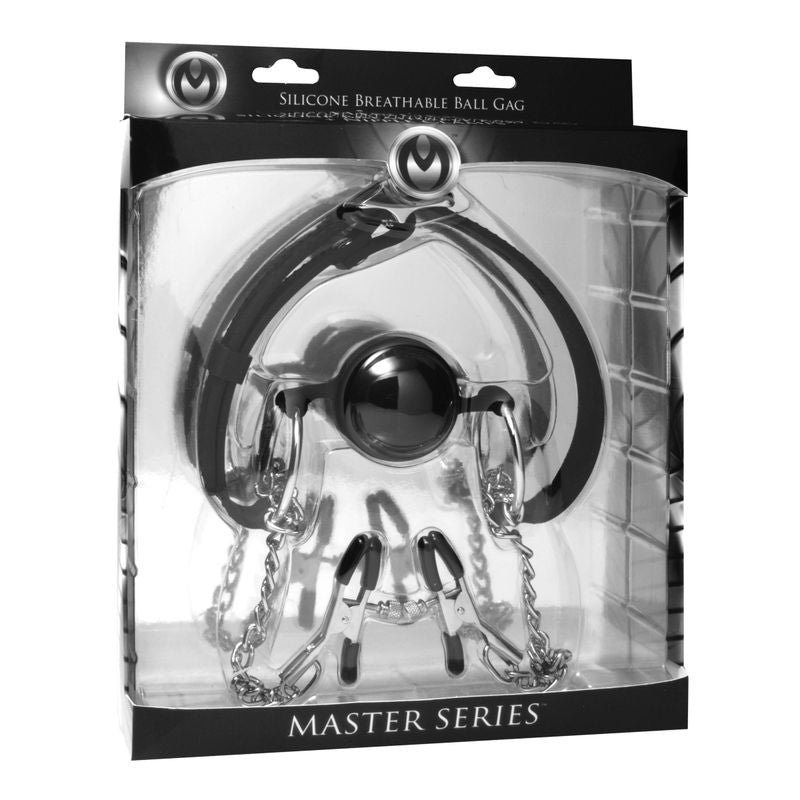 Hinder Breathable Silicone Ball Gag With Nipple Clamps Master Series