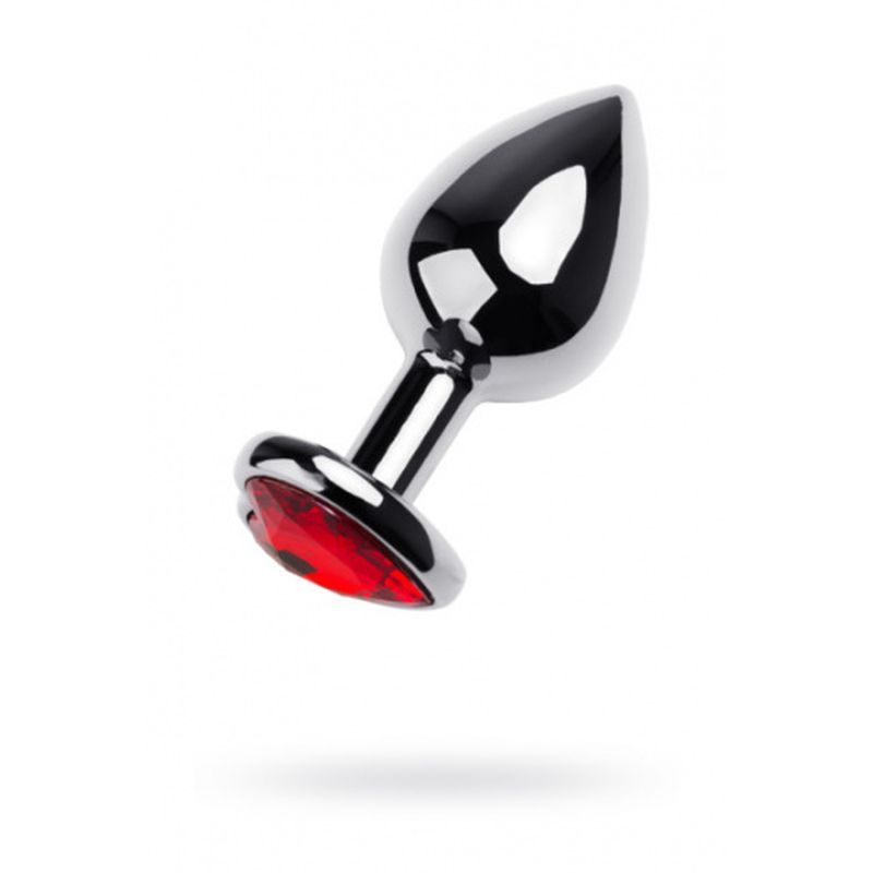 Silver Metal Anal Plug w Red Ruby Heart Crystal Medium Metal