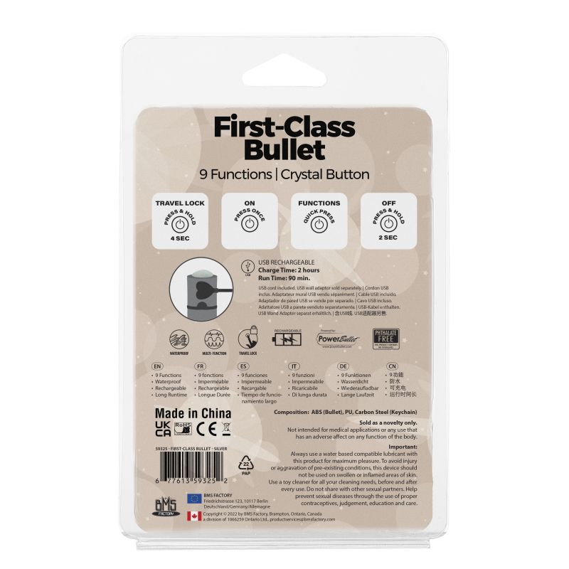 Power Bullet First Class 6cm Rechargeable w Crystal Silver PowerBullet