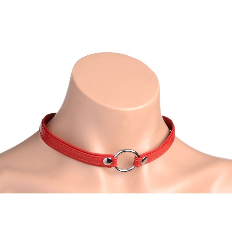 Fiery Pet Leather Choker w Silver Ring Red Master Series