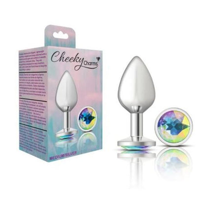 Cheeky Charms Silver Round Butt Plug w Clear Iridescent Jewel Medium Cheeky Charms