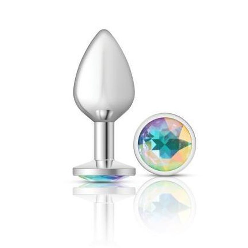 Cheeky Charms Silver Round Butt Plug w Clear Iridescent Jewel Large Cheeky Charms