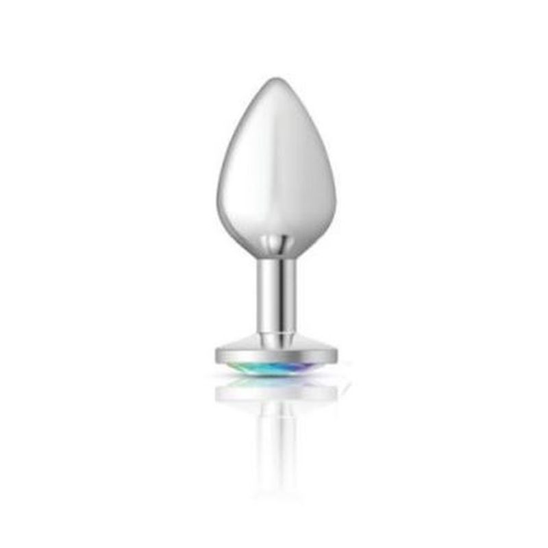 Cheeky Charms Silver Round Butt Plug w Clear Iridescent Jewel Large Cheeky Charms