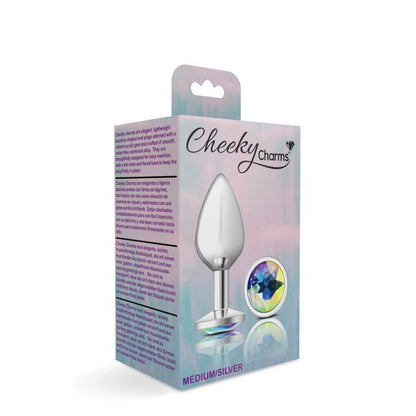 Cheeky Charms Silver Round Butt Plug w Clear Iridescent Jewel Large Cheeky Charms