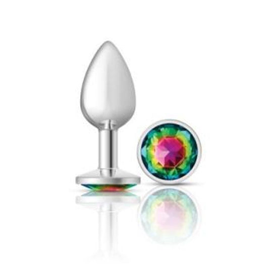 Cheeky Charms Silver Round Butt Plug w Rainbow Jewel Small Cheeky Charms