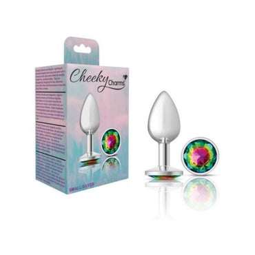 Cheeky Charms Silver Round Butt Plug w Rainbow Jewel Small Cheeky Charms