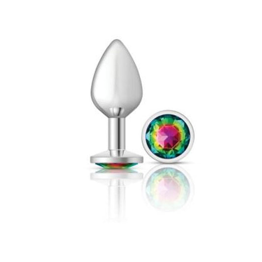 Cheeky Charms Silver Round Butt Plug w Rainbow Jewel Medium Cheeky Charms