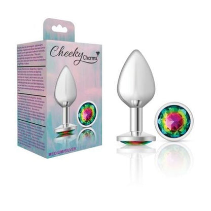 Cheeky Charms Silver Round Butt Plug w Rainbow Jewel Medium Cheeky Charms