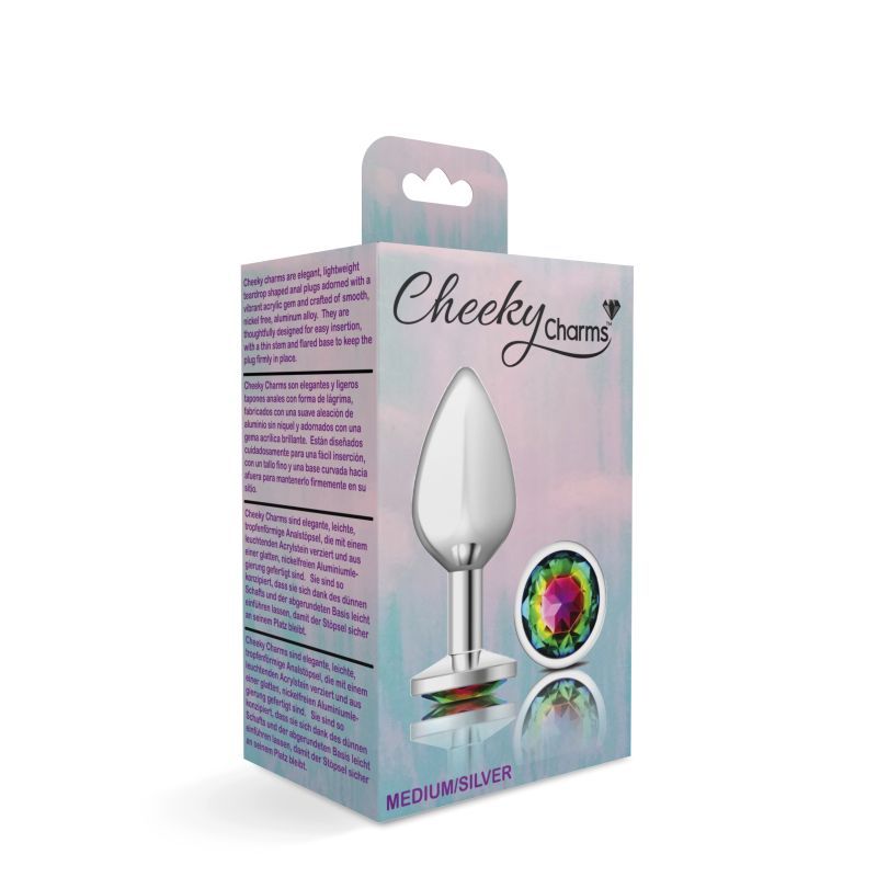 Cheeky Charms Silver Round Butt Plug w Rainbow Jewel Medium Cheeky Charms