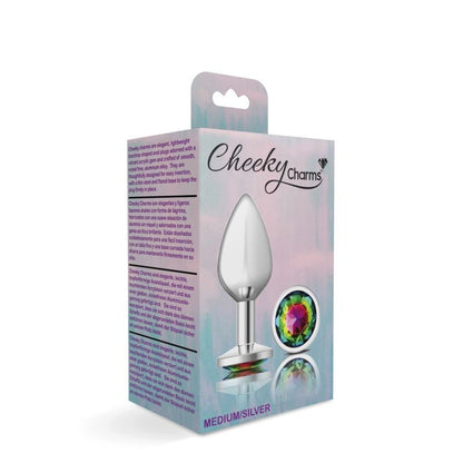 Cheeky Charms Silver Round Butt Plug w Rainbow Jewel Medium Cheeky Charms