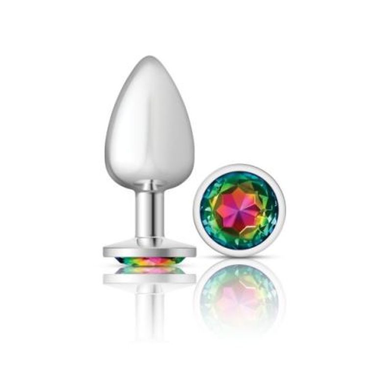 Cheeky Charms Silver Round Butt Plug w Rainbow Jewel Large Cheeky Charms