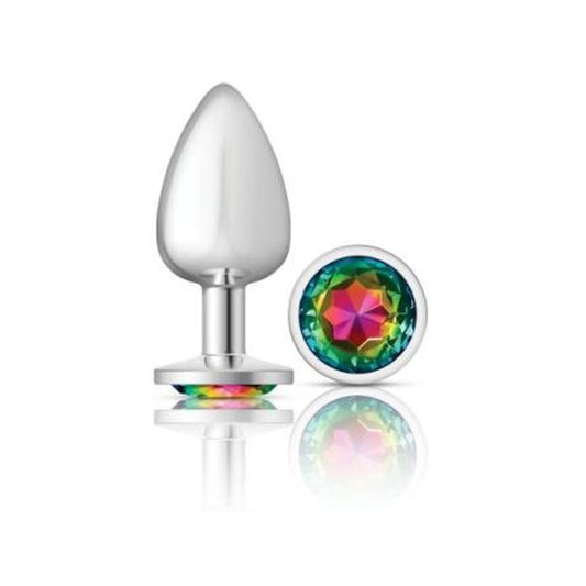 Cheeky Charms Silver Round Butt Plug w Rainbow Jewel Large Cheeky Charms