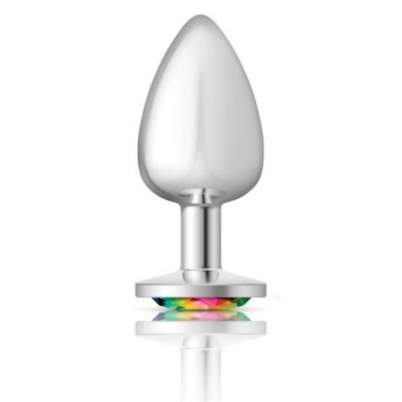 Cheeky Charms Silver Round Butt Plug w Rainbow Jewel Large Cheeky Charms