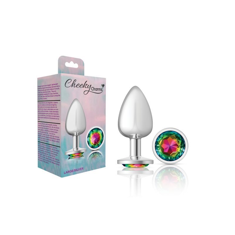 Cheeky Charms Silver Round Butt Plug w Rainbow Jewel Large Cheeky Charms