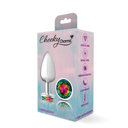 Cheeky Charms Silver Round Butt Plug w Rainbow Jewel Large Cheeky Charms